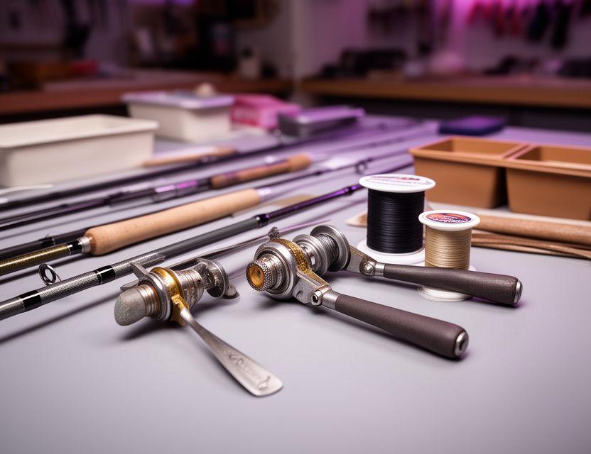 Close-up of fishing rod repair tools and thread spools arranged on a tidy workshop bench